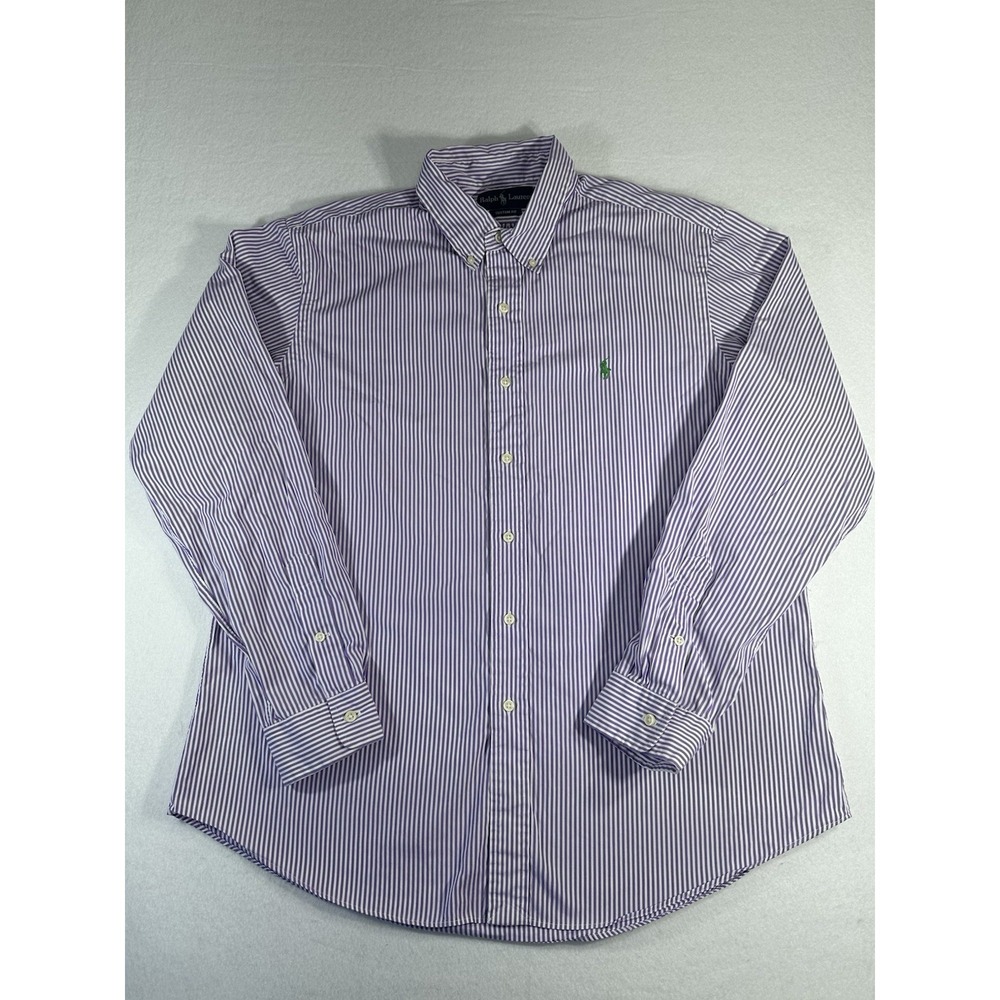 Ralph Lauren Shirt XL Men Purple White Striped Custom Fit Long Sleeve Green Pony